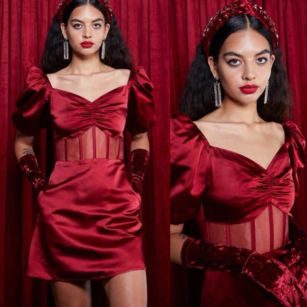 Autumn Adeigbo Clarette Deep Red Goth Mesh Corset Steampunk Mini Dress 0